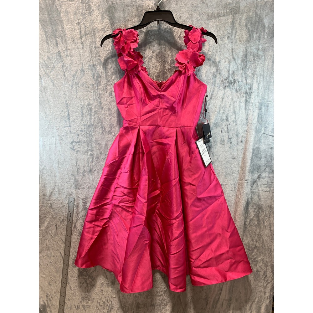 Adrianna Papell Fuchsia Pink 3D Floral Strap Fit Flare Cocktail Dress Size 6